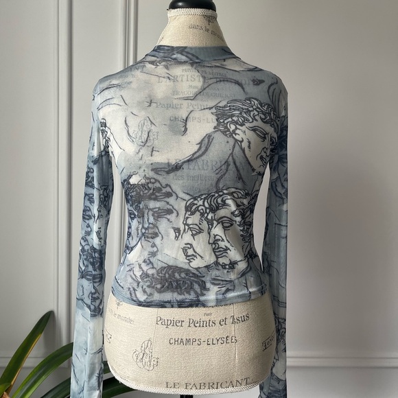 Blue mesh Sheer Artistic Print Long Sleeve Top - Picture 2 of 6